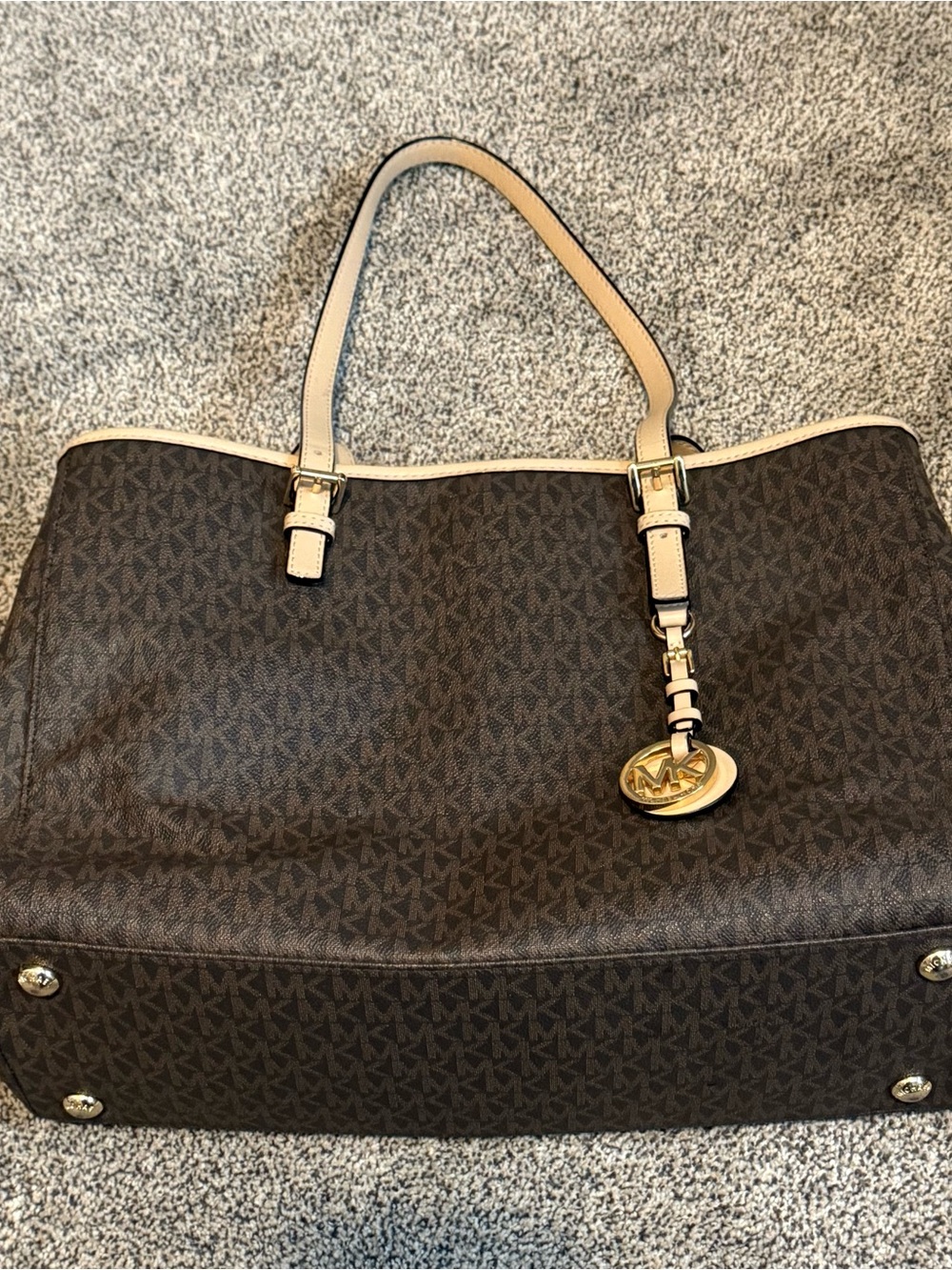 Michael Kors Brown Logo Tote with Cream Trim and Gold Hardware